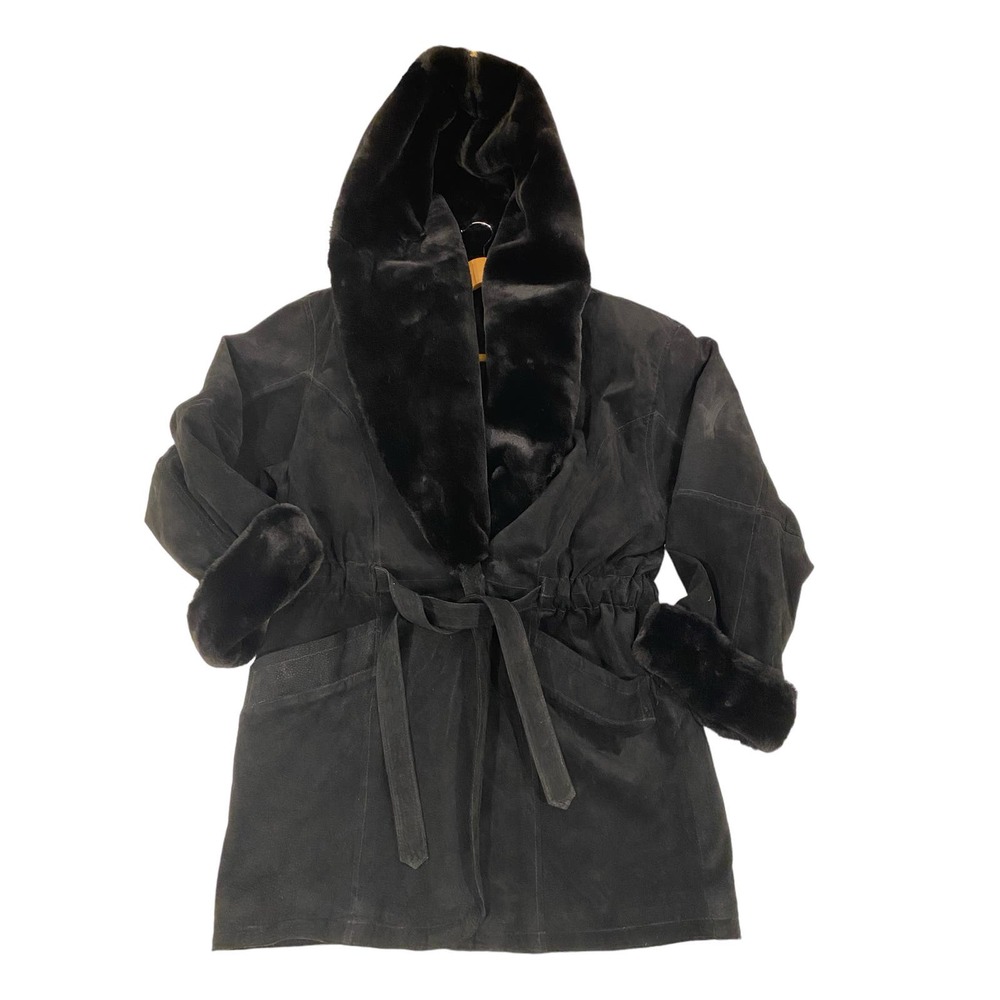 Womens G-III Vintage Leather Suede Jacket with Plush Shawl Hood, Black, M, NWOT